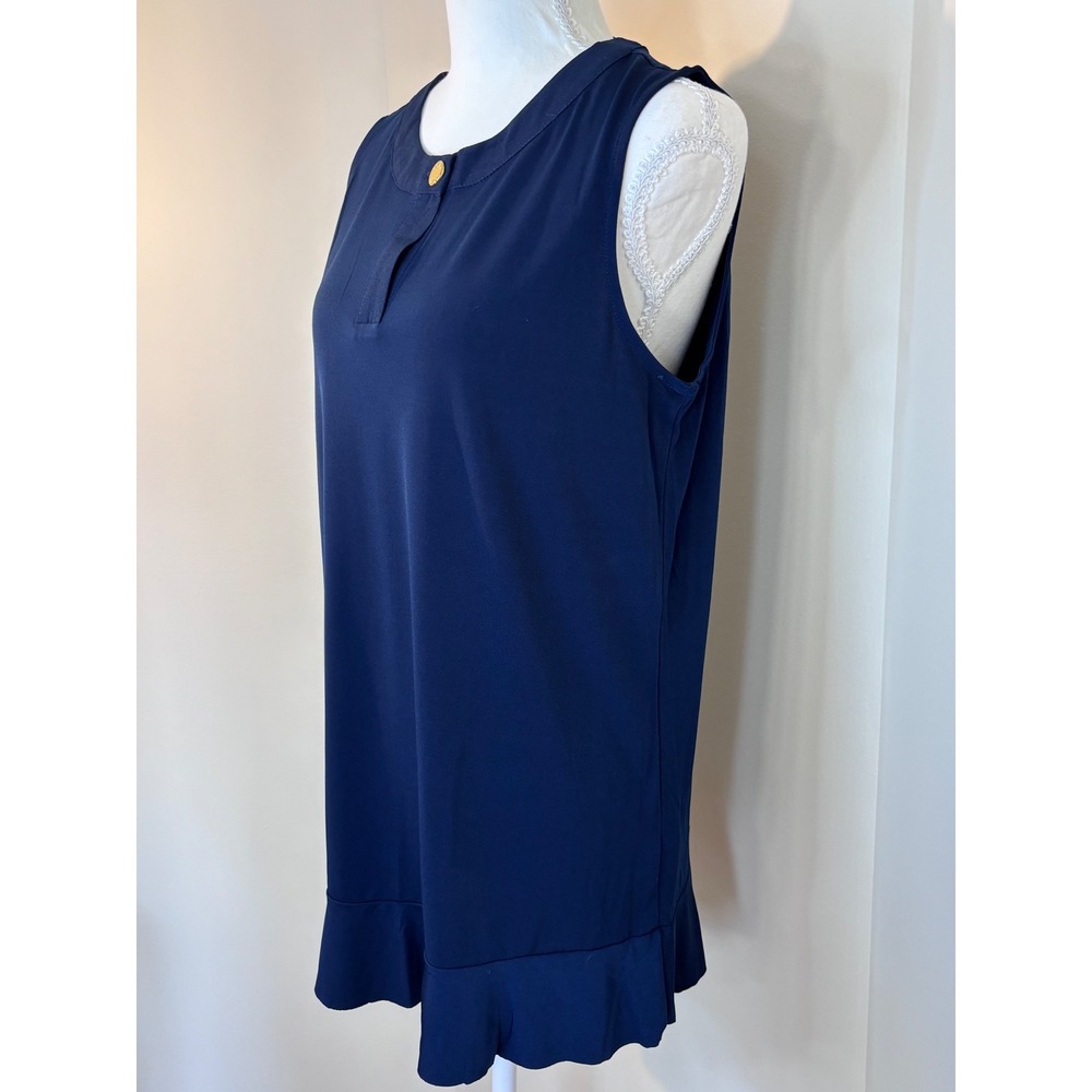 Ellen Tracy Navy Sleeveless Ruffle Hem Tunic Top Minimalist Nautical Casual M - Picture 5 of 9